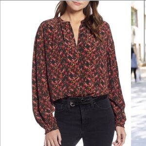 Something Navy Balloon Sleeve Floral‎ Button Down Top
